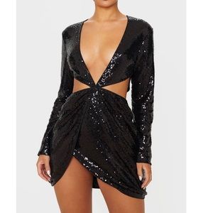 Black Sequin Waist Cut Out Bodycon Dress